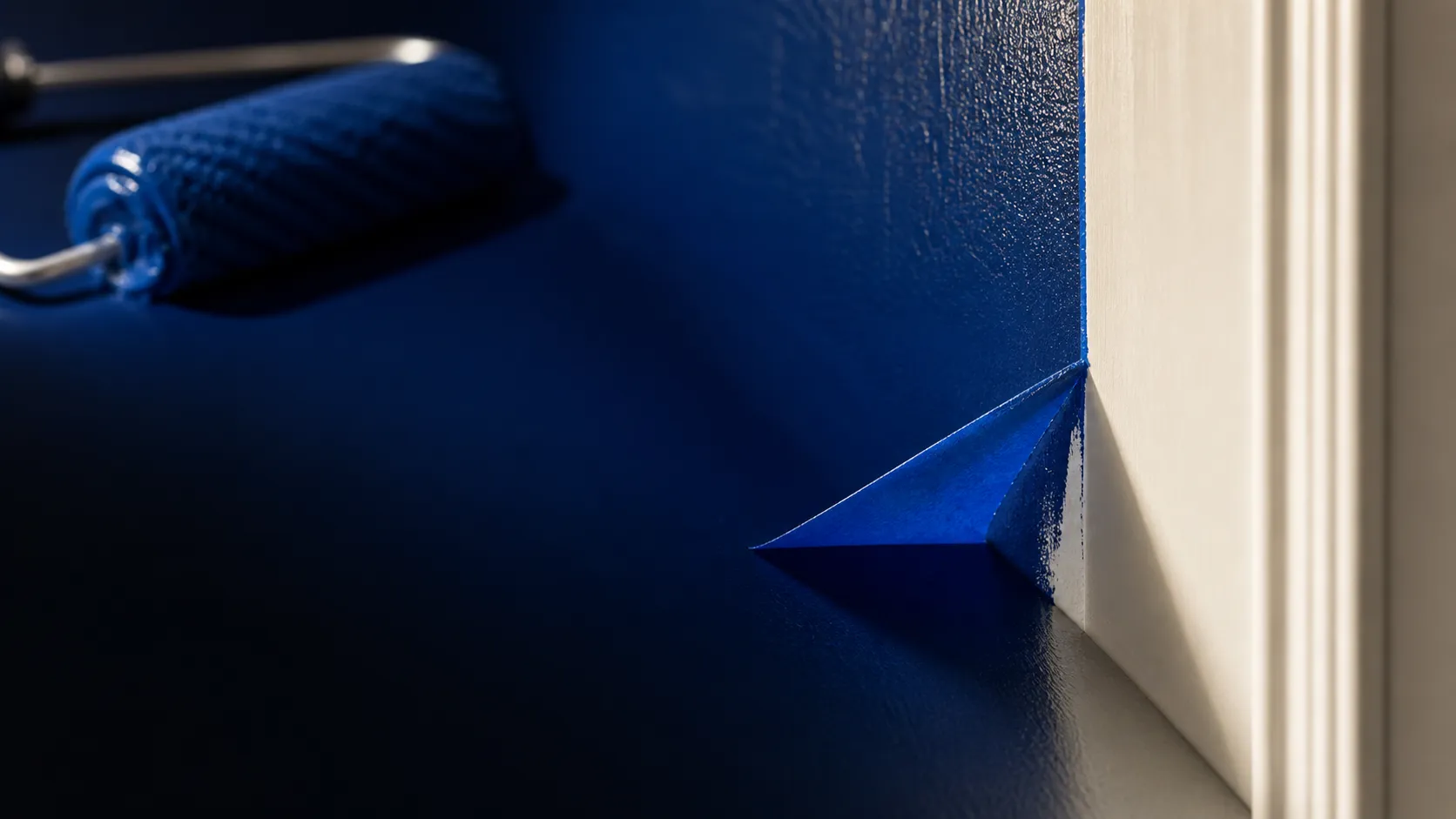 Painter’s tape pulled away to reveal a razor-clean cobalt-to-white cut line where wall meets trim