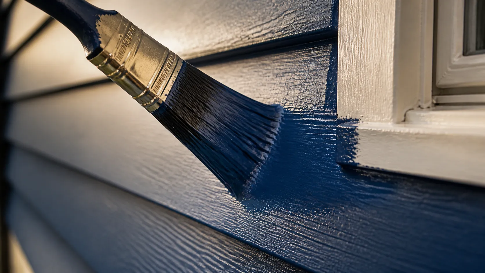 A brush laying a fresh, even coat on exterior lap siding beside white window trim