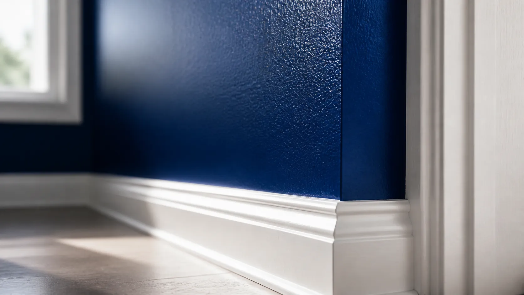 Freshly painted interior wall with crisp white trim and a clean cut line