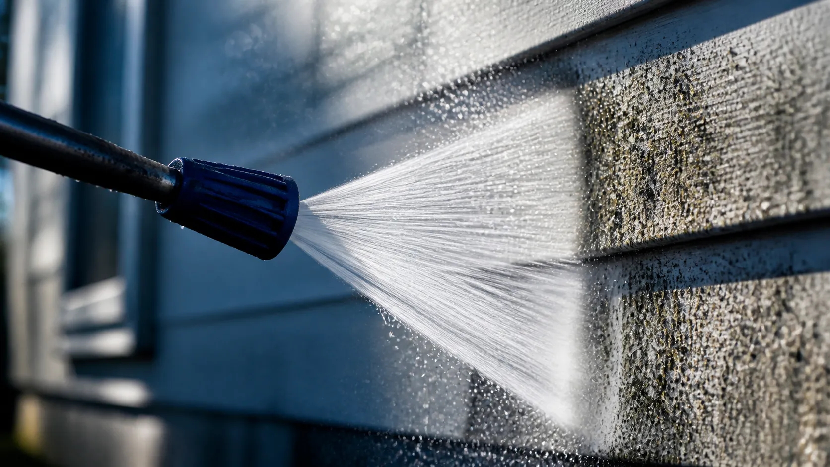 A pressure washer spraying a fan of water to clean exterior house siding